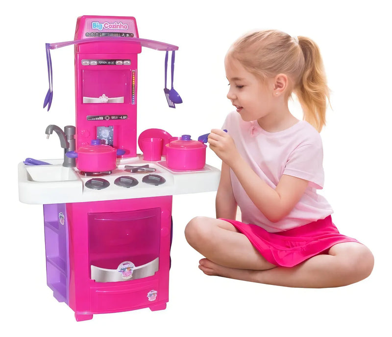 Cozinha Completa Infantil Big Star Rosa 16 Peças com Panelinhas, Talheres, Pratos e Acessórios de Brinquedo para Meninas