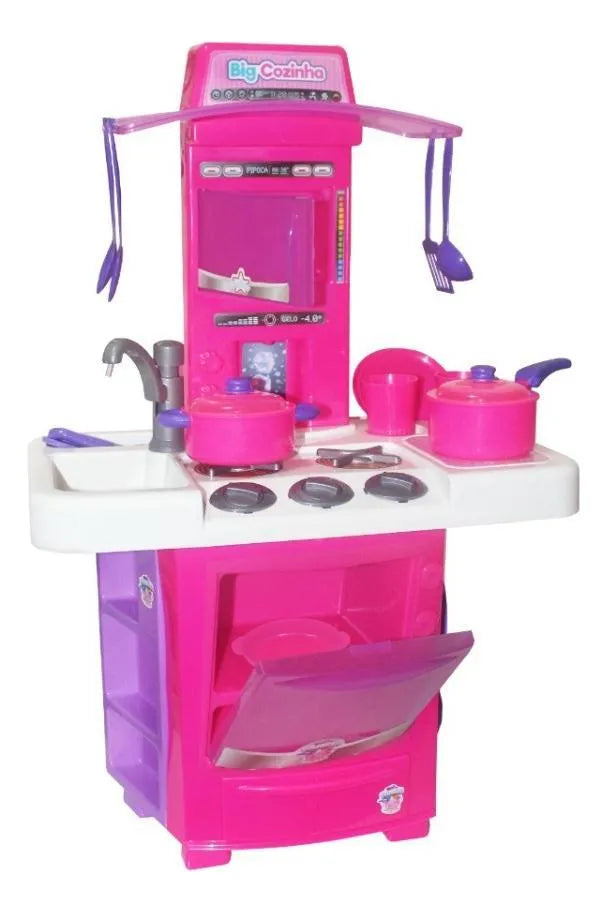 Cozinha Completa Infantil Big Star Rosa 16 Peças com Panelinhas, Talheres, Pratos e Acessórios de Brinquedo para Meninas